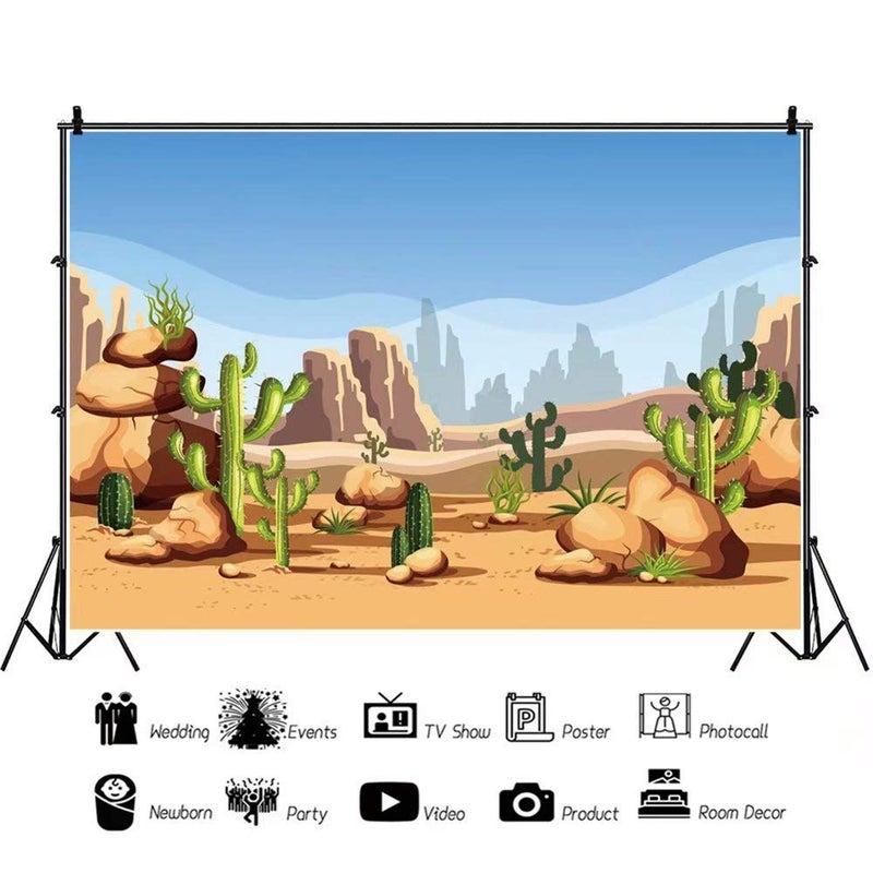 Leowefowa 7x5ft Vinyl Cartoon Desert Cactus Backdrop Western Wild Land Saguaro Cactus Plant Wilderness Nature Yellow Stones Background Event Party Photography Decoration Portrait Photo Booth Props - Image 3